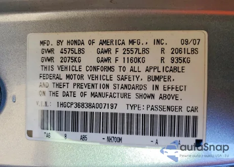 2008 Honda Accord Exl из США, поврежденный, VIN 1HGCP36838A007197